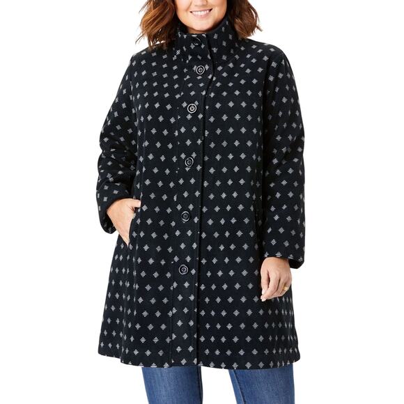 Woman Within Diamond Fleece Mid Length Swing Funnel-Neck Coat Black Size 26/28 - Picture 1 of 11